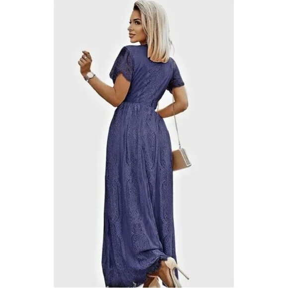 Merokeety Maxi Dress Lace Overlay Indigo Blue Boho Crochet Fringe Knit V Neck L - Picture 2 of 16